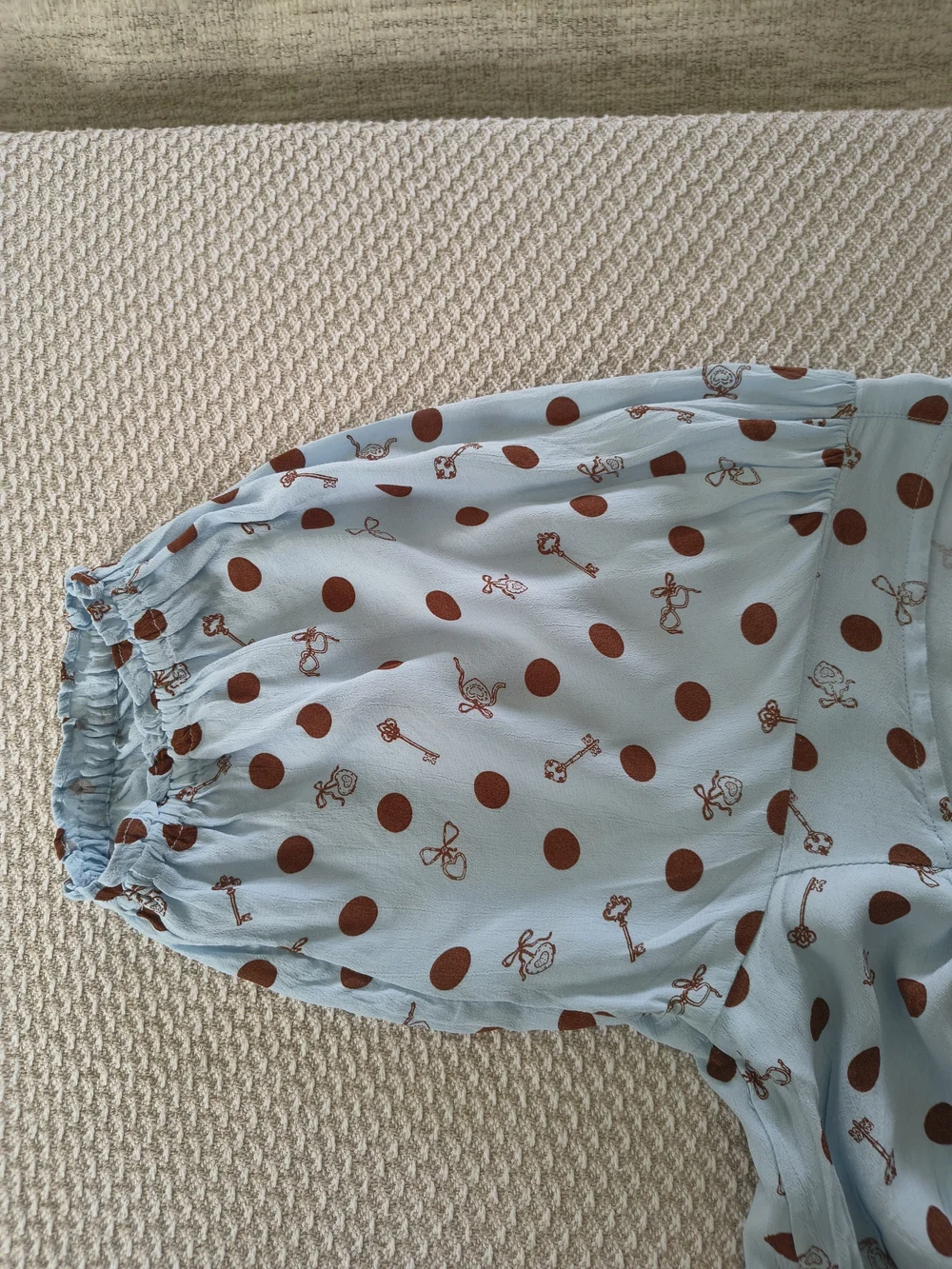 Free People Light Blue Polka Dot Tie-Front Puff Sleeve Top